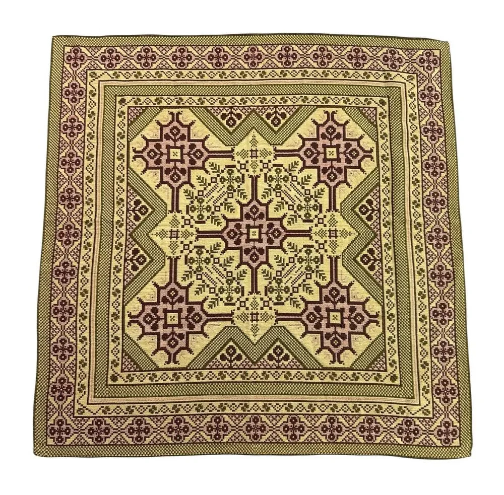 Vintage Bulgarian Jacquard Woven Table Square 27” Folk Geometric Tolbukhin